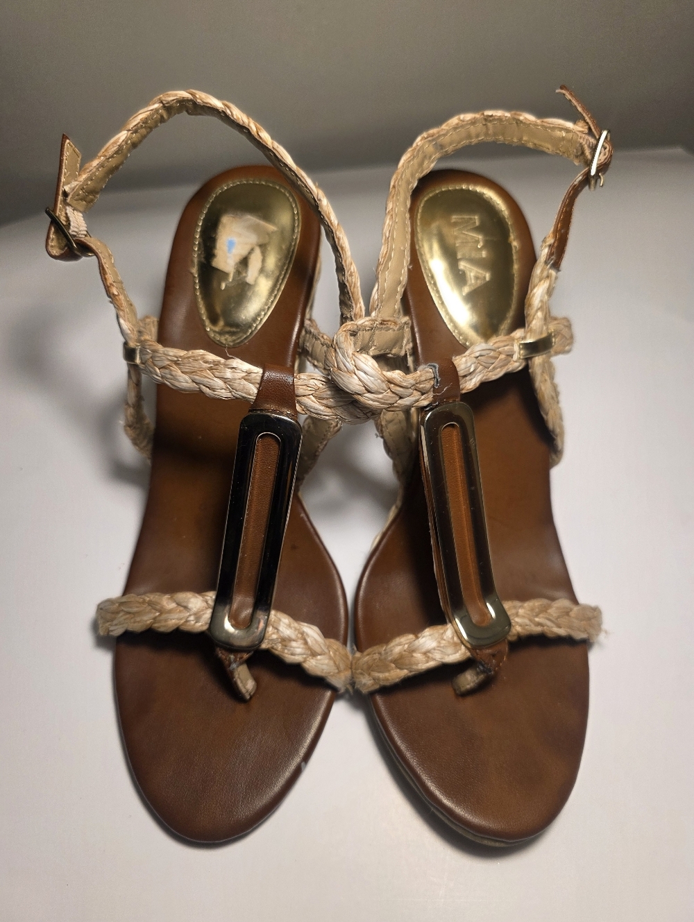 Brown Espadrille Wedge Sandals Gold Accent Ankle Buckle Boho Summer Women 10
